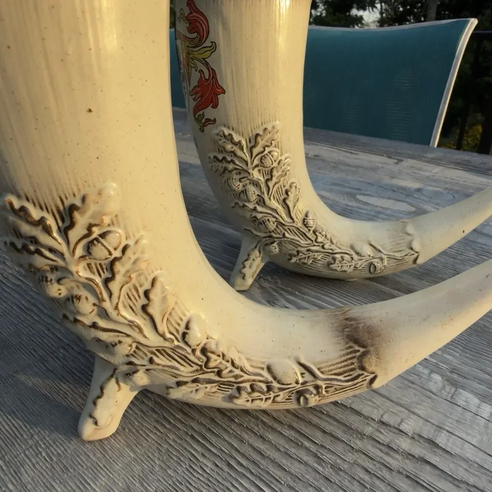 2 Vintage German Drinking Horn Set Fulda & Giessen Heraldic Crest Beer Goblets